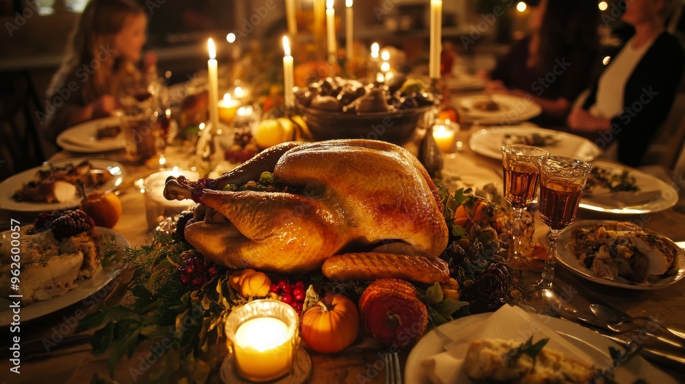 Roasted Turkey Centerpiece with Candlelight and Festive Garnishes Roasted Turkey Centerpiece with Candlelight and Festive Garnishes