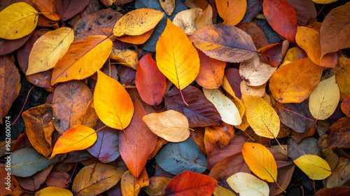 A pile of autumn leaves with a variety of colors