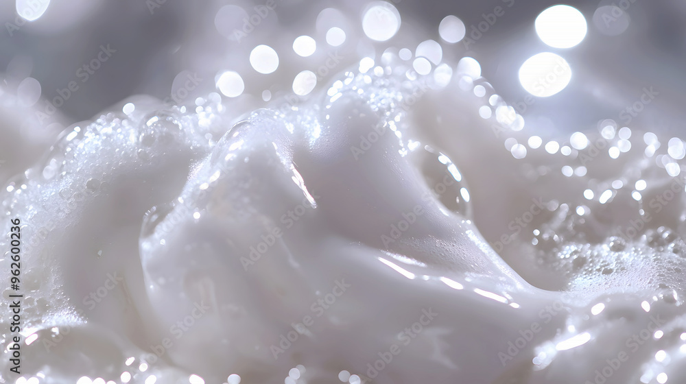 Close-up of rich white body wash foam being applied, with bubbles and a glossy shine reflecting the product’s moisturizing properties Close-up of rich white body wash foam being applied, with bubbles and a glossy shine reflecting the product’s moisturizing properties