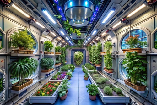 Fototapeta Naklejka Na Ścianę i Meble -  Futuristic indoor garden in space station with various vegetation and high-tech lighting