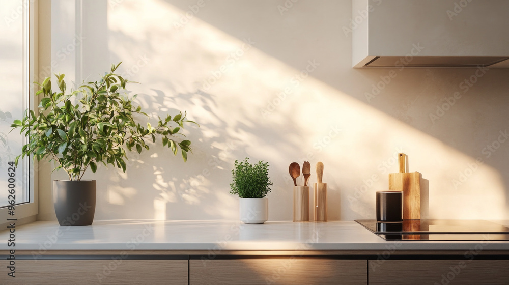 A kitchen counter with a potted plant, a spoon, and a bottle A kitchen counter with a potted plant, a spoon, and a bottle
