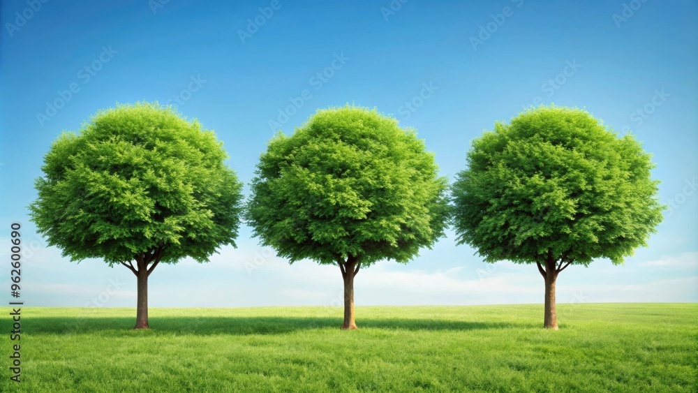Three identical trees in a row with green leaves symbolizing unity, balance, and harmony , nature, trees, trio, group Three identical trees in a row with green leaves symbolizing unity, balance, and harmony , nature, trees, trio, group