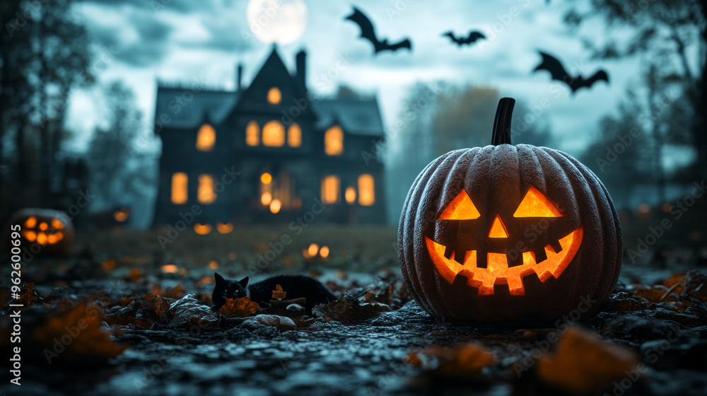 A pumpkin with a smiley face on it is sitting on the ground next to a house A pumpkin with a smiley face on it is sitting on the ground next to a house
