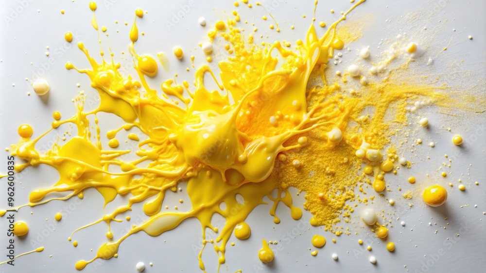 A bright yellow substance with a gloopy texture, splattered and scattered across a pristine white surface, radiating a sense of disarray. A bright yellow substance with a gloopy texture, splattered and scattered across a pristine white surface, radiating a sense of disarray.