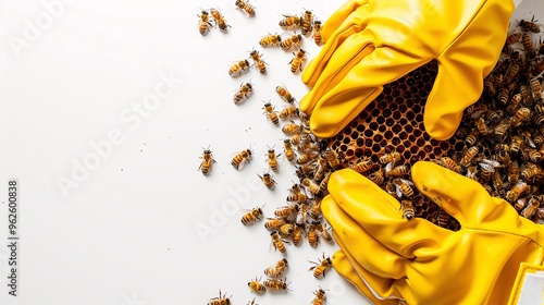 Beekeeping gloves, border, background wallpaper, blank in the middle, minimalism, negative space, used for postcard template