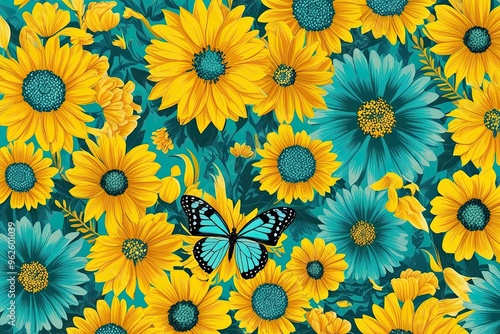Bright Yellow and Turquoise Floral Landscape with Stunning Butterfly Display