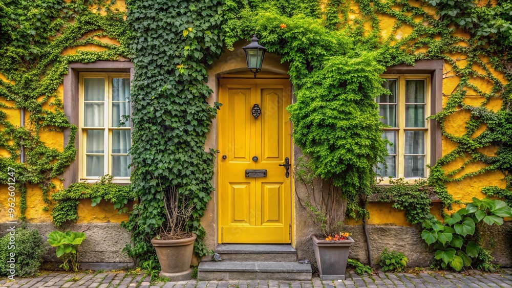 Facade of house braided with ivy and yellow door, creating a charming and inviting atmosphere Facade of house braided with ivy and yellow door, creating a charming and inviting atmosphere