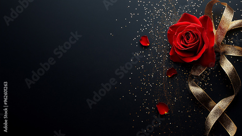 Black friday super sale theme, Red rose with golden ribbon and gold confetti on black background