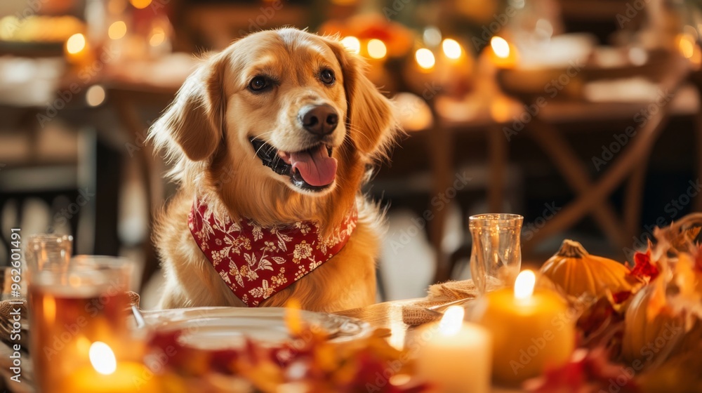 Golden Retriever Dog Wearing a Red Bandana at a Thanksgiving Dinner Table