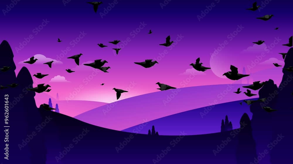 Illustration of a view of the silhouette of birds flying against a background of mountains at nightfall Illustration of a view of the silhouette of birds flying against a background of mountains at nightfall