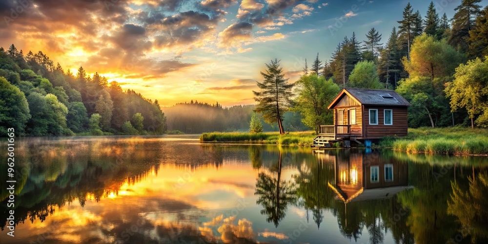 Fototapeta premium Scenic lake with charming vintage tiny house surrounded by sunset forest