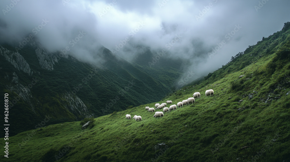 Fototapeta premium A herd of sheep are grazing on a lush green hillside