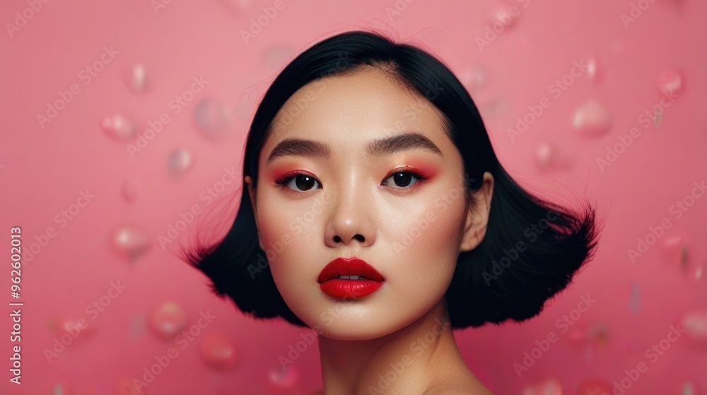 young Asian woman model with red lips on a pink background young Asian woman model with red lips on a pink background
