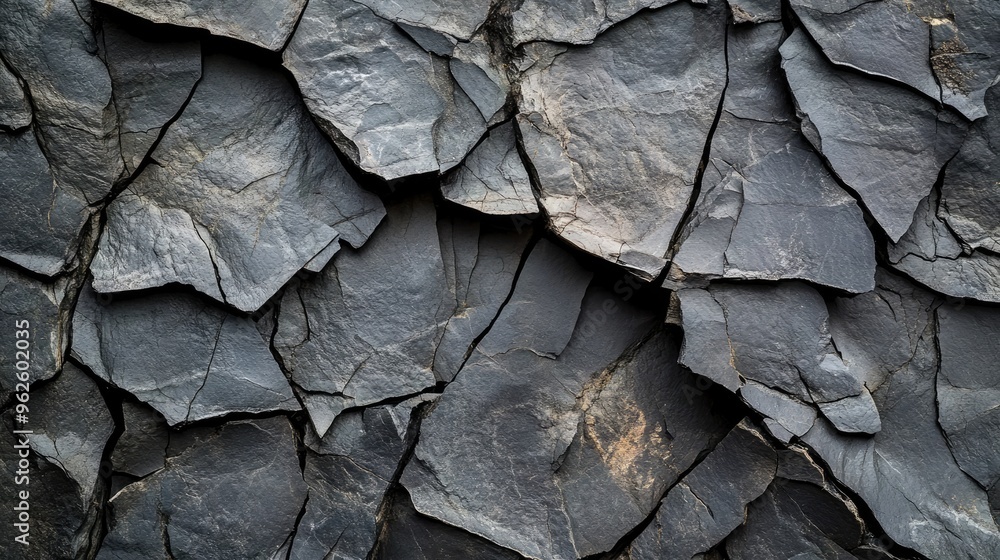 Abstract background of cracked shale rock, showing layered, jagged edges in shades of black and gray. Abstract background of cracked shale rock, showing layered, jagged edges in shades of black and gray.