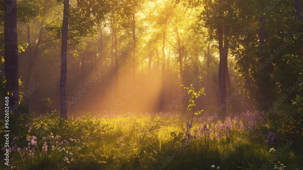 A forest with a bright sun shining through the trees A forest with a bright sun shining through the trees