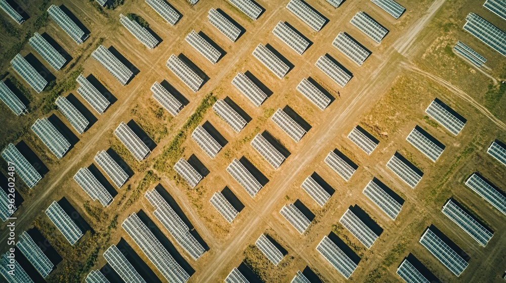 Aerial view of a large solar power plant with rows of white solar panels arranged in geometric patterns. Aerial view of a large solar power plant with rows of white solar panels arranged in geometric patterns.