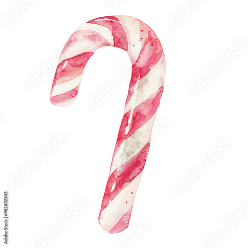 A festive and colorful watercolor illustration of a classic candy cane. photo