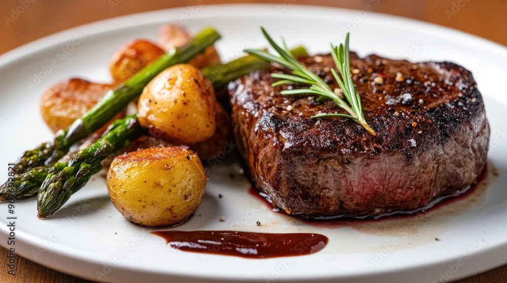 An elegant steak dish, served medium-rare, with roasted potatoes, asparagus, and a sprig of rosemary on a fine porcelain plate. An elegant steak dish, served medium-rare, with roasted potatoes, asparagus, and a sprig of rosemary on a fine porcelain plate.