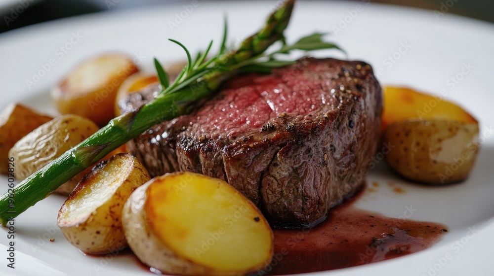 An elegant steak dish, served medium-rare, with roasted potatoes, asparagus, and a sprig of rosemary on a fine porcelain plate. An elegant steak dish, served medium-rare, with roasted potatoes, asparagus, and a sprig of rosemary on a fine porcelain plate.