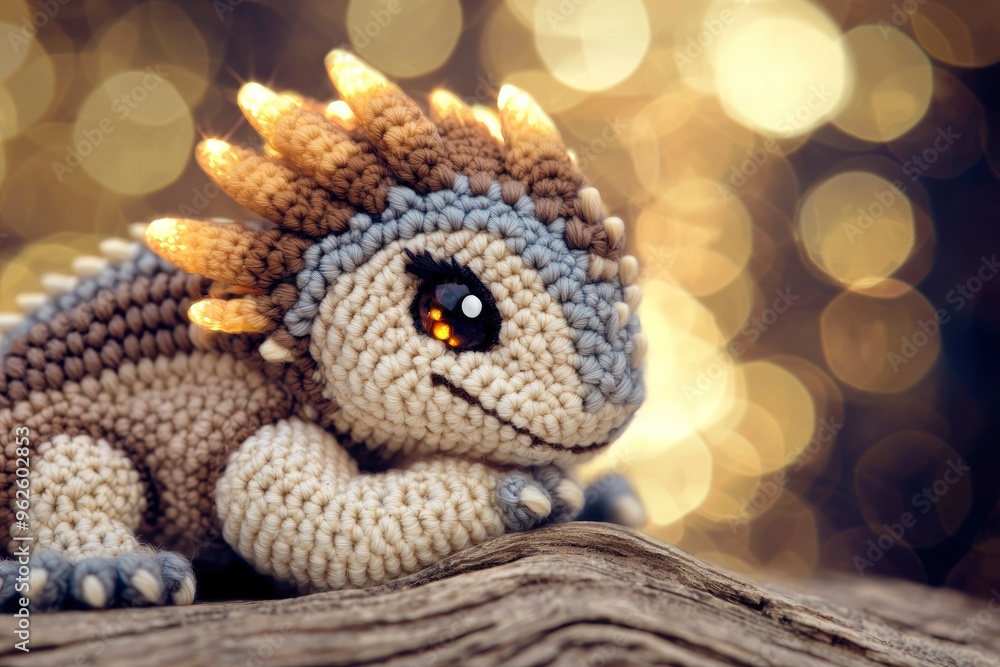 Fototapeta premium Cute Crochet Dragon Toy with Bokeh Background