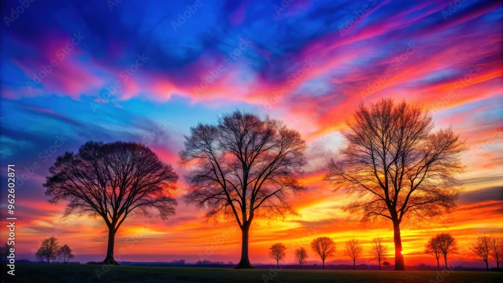 Obraz premium Vibrant silhouettes of trees against a colorful sunset , nature, foliage, evening, dusk, sky, colors, silhouette