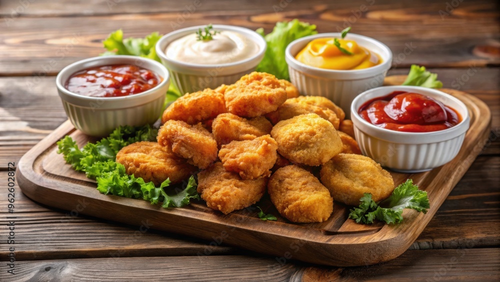 Delicious chicken nuggets served with an assortment of tasty dips, chicken nuggets, fast food, appetizer, crispy, crunchy, sauces Delicious chicken nuggets served with an assortment of tasty dips, chicken nuggets, fast food, appetizer, crispy, crunchy, sauces
