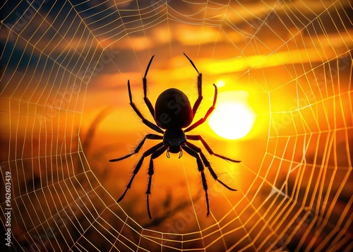 Dark silhouette of a spider poised in the center of its intricate web, set against a warm, vibrant orange sunset background with subtle gradient. photo