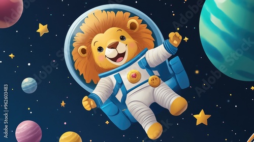 A cartoon lion dressed as an astronaut, floating in space with stars and planets in the background