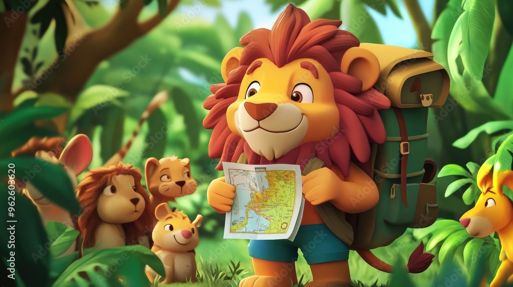 A cartoon lion explorer with a backpack and map, leading a group of animals through a jungle adventure A cartoon lion explorer with a backpack and map, leading a group of animals through a jungle adventure