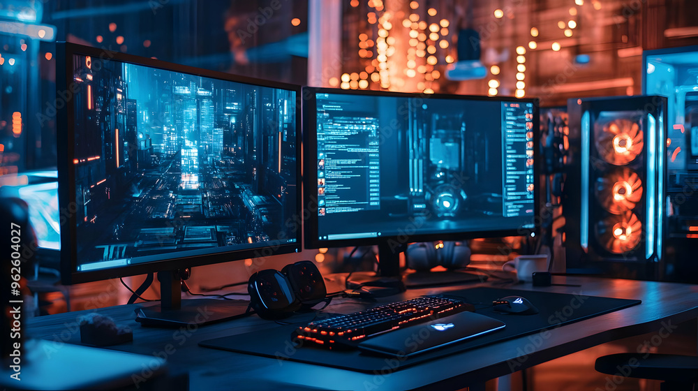 Futuristic Cityscape on Gaming PC Desk Setup - Illustration Futuristic Cityscape on Gaming PC Desk Setup - Illustration