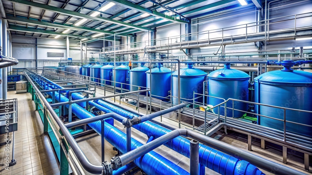 A waste water treatment plant facility with various tanks and pipelines A waste water treatment plant facility with various tanks and pipelines
