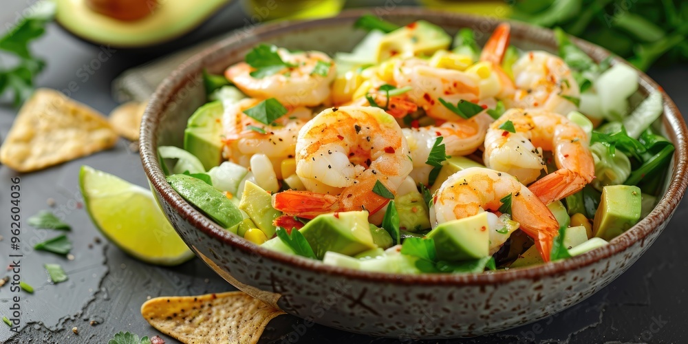 Tasty Shrimp Salad Featuring Avocado, Corn Chip Strips, Iceberg Lettuce, Parsley, and Oil in a Gray Bowl with Brown Trim Tasty Shrimp Salad Featuring Avocado, Corn Chip Strips, Iceberg Lettuce, Parsley, and Oil in a Gray Bowl with Brown Trim