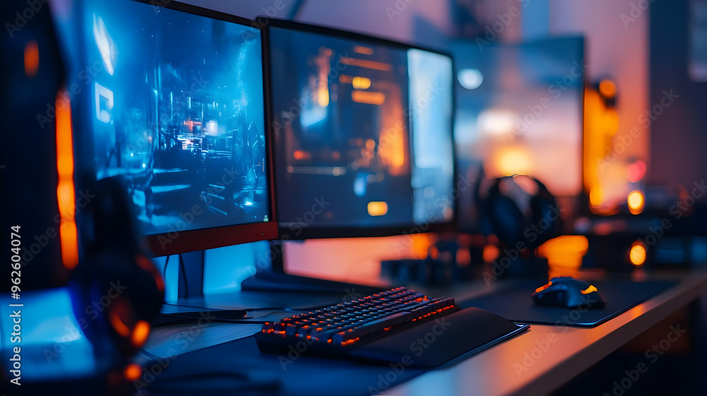 Gaming Setup with Blue and Orange Lighting Gaming Setup with Blue and Orange Lighting