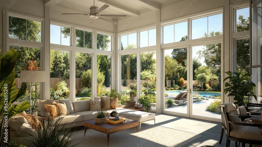 Fototapeta premium Bright, airy sunroom with large windows offering a view of a beautiful backyard garden and pool area