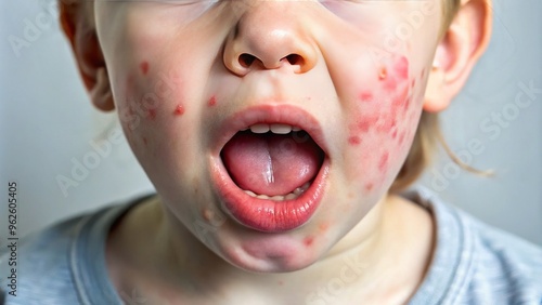 Rash on child's skin, sores on tongue and lips, fever, and lethargy highlight the visible symptoms of contagious Hand Foot and Mouth Disease illness. photo