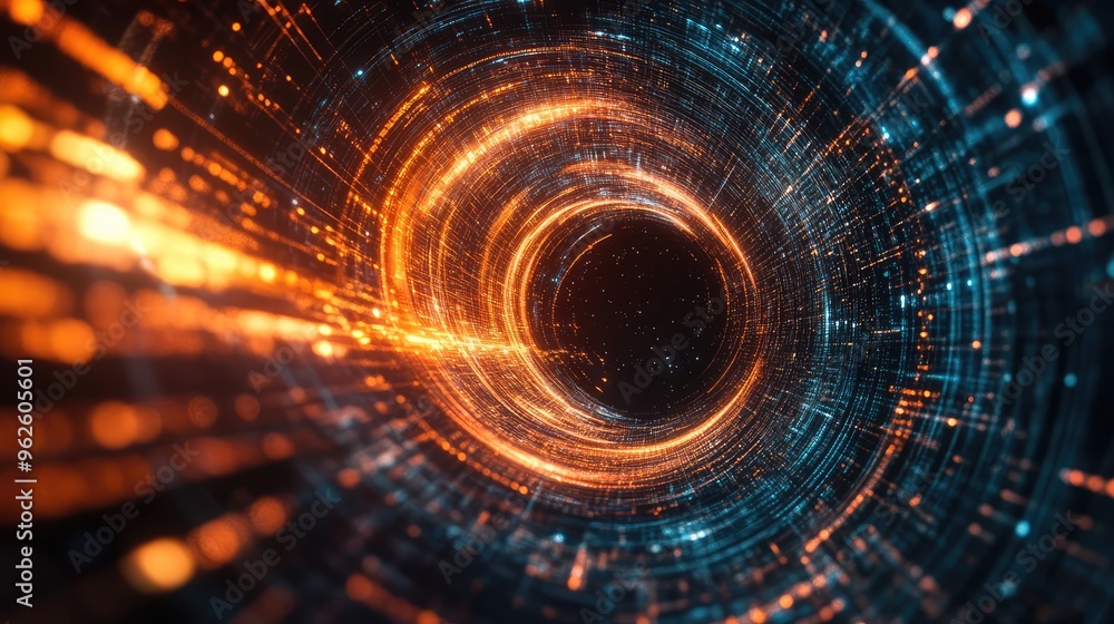 Obraz premium Dynamic digital vortex captured from a drone viewpoint, with technology lines forming a swirling channel of digital energy