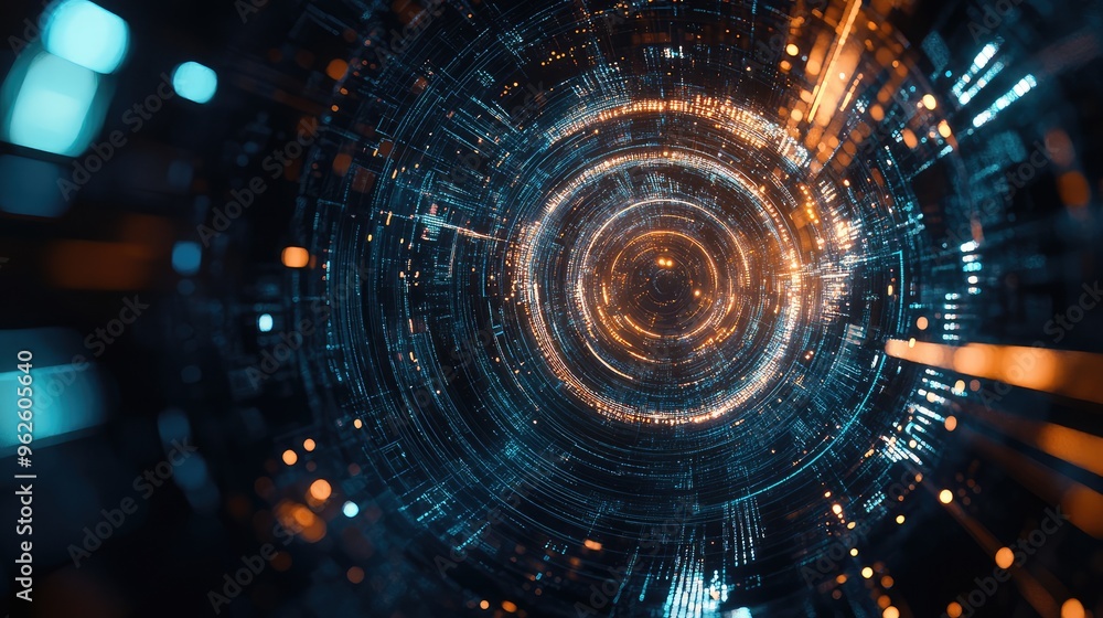 High-angle drone shot of a digital vortex, emphasizing the complexity of technology lines and the flow of data through a tech-driven channel High-angle drone shot of a digital vortex, emphasizing the complexity of technology lines and the flow of data through a tech-driven channel