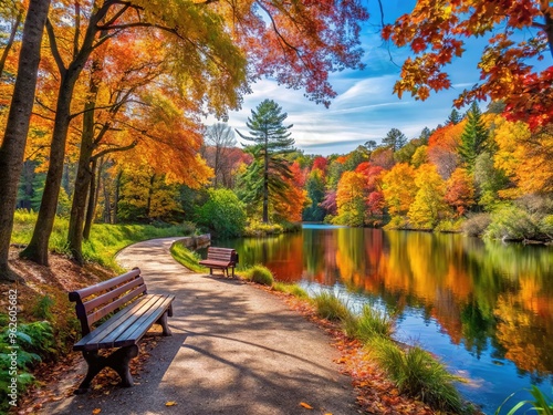 Serenene autumn scene of winding walking trail surrounded by vibrant foliage and wooden benches at a tranquil freshwater lake in a natural park. photo