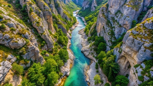 Aerial view of a narrow mountain river cutting through rocky landscape in Montenegro, mountain river