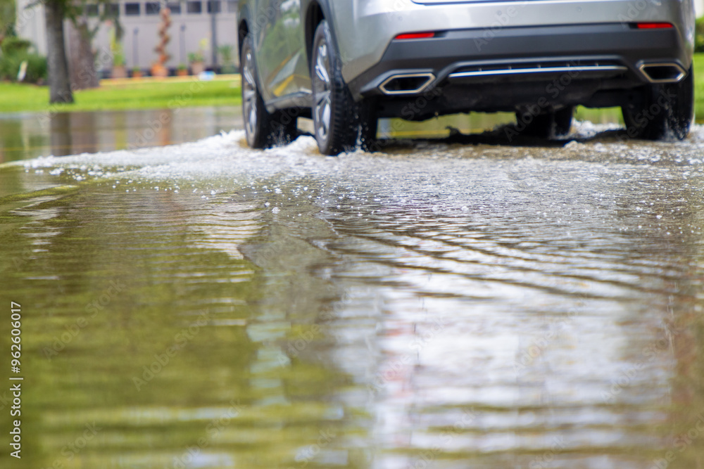Car driving in flood Car driving in flood