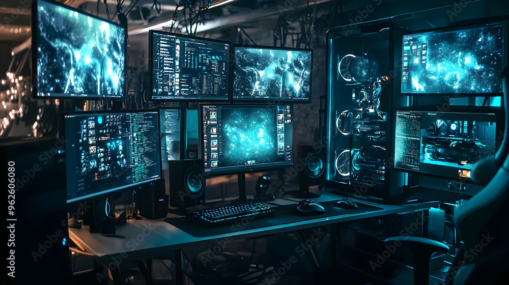 Cyberpunk Gamer's Workstation - Futuristic Setup with Neon Lights Cyberpunk Gamer's Workstation - Futuristic Setup with Neon Lights