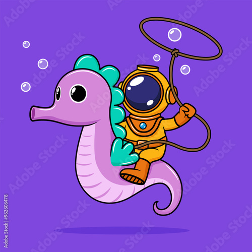 cute character of a diver riding a seahorse. vector character. cartoon character. cartoon style.