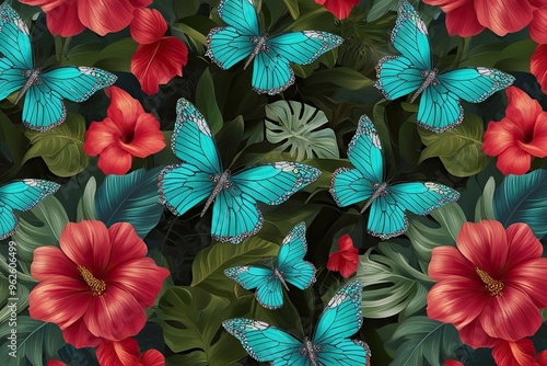 Vibrant Tropical Garden Flowers with Colorful Butterflies in Teal and Red Shades
