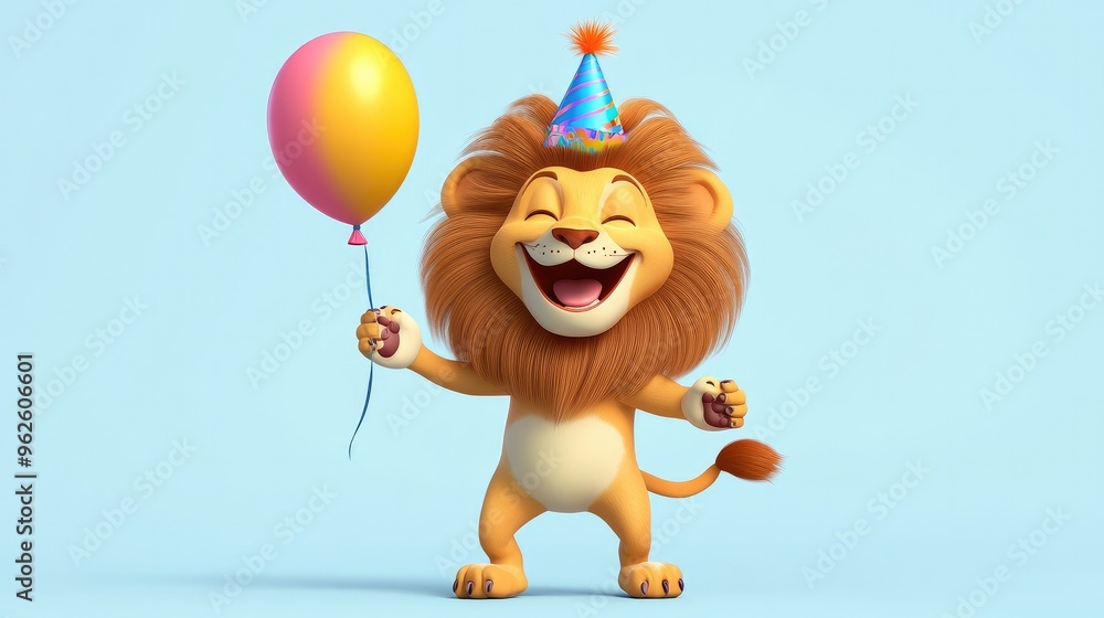 Fototapeta premium A playful lion cartoon with a colorful balloon in one paw and a birthday hat on, celebrating a party with friends