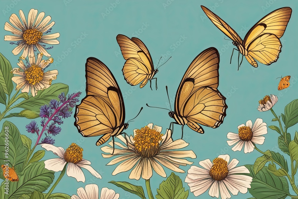 Enchanting Golden Sandy Morpho Butterflies Discover Wildflower Blooms in Nature Artwork