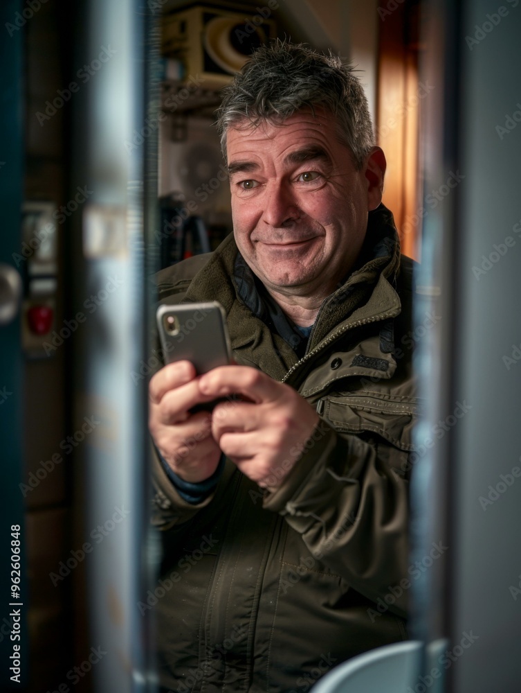 A man in a jacket looking at his cell phone. AI. A man in a jacket looking at his cell phone. AI.