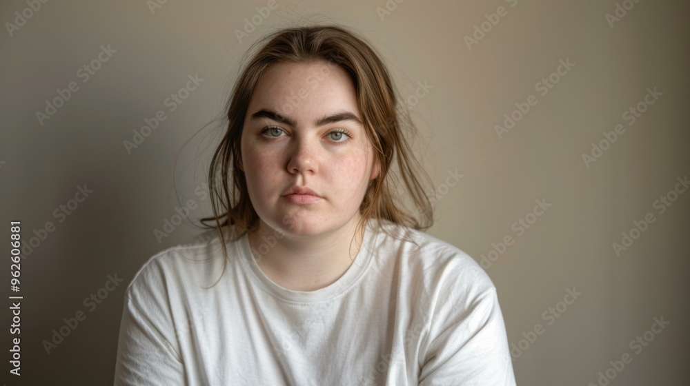 A woman with a white shirt and brown hair sitting down. AI. A woman with a white shirt and brown hair sitting down. AI.