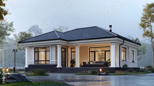 Wallpaper Mural Modern Single-Story House with Large Porch and Elegant Lighting in Serene Outdoor Setting Torontodigital.ca