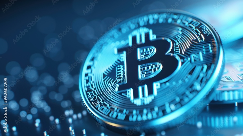Stunning digital art showcases Bitcoin emblem surrounded by intricate circular patterns on a deep blue backdrop. Stunning digital art showcases Bitcoin emblem surrounded by intricate circular patterns on a deep blue backdrop.