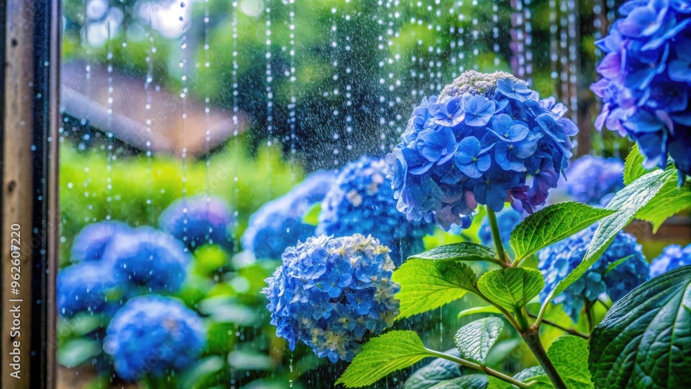 View of rain falling on hydrangea flowers through a wet window during ...